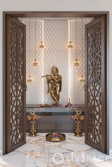 How to Set Up Your Pooja Room for the First Time Mandir Door Design For Home, House Mandir, Mandir At Home, Mandir With Door, Jaali Door, Temple At Home, Pooja Stand, Mandir Room, Mandir Door