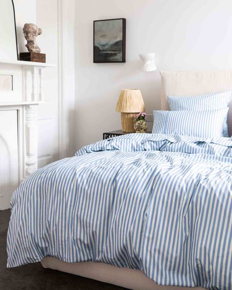 Stripe Bed Spread, Blue Stripe Duvet, Stripe Bedding Aesthetic, Blue And White Stripe Bedding, Blue Striped Sheets Bedroom, Blue And White Striped Comforter, Blue Pinstripe Bedding, Blue Stripped Bedding, Blue Striped Comforter