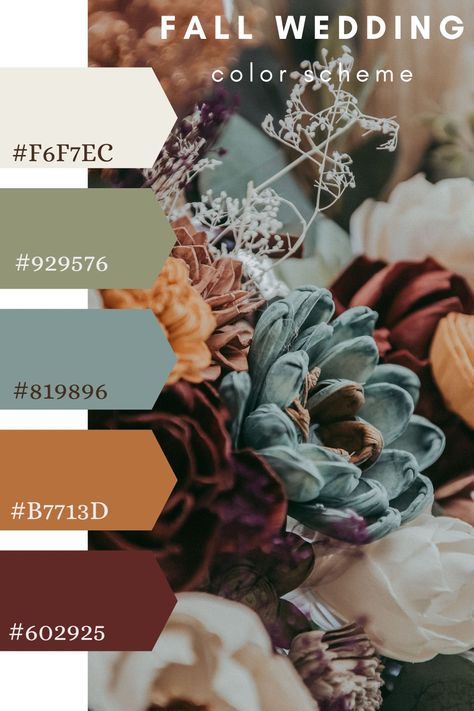 Boho Wedding Fall Color Schemes, Fall Wedding Colors Sage Green, Colors That Compliment Burnt Orange, Rust Blue Green Color Scheme, Fall Wedding Color Palate, Dusty Blue And Burnt Orange Wedding Color Schemes, Wedding Color Schemes For Fall, Rustic Western Color Palette, Fall Wedding Colors Burnt Orange