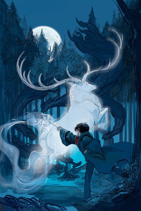 Harry's face and upper body is painted, and the beginnings of his Patronus-casting spell are sketched out Fanart Harry Potter, Hery Potter, Wallpaper Harry Potter, Glume Harry Potter, Tapeta Harry Potter, Harry Potter Background, Harry Potter Illustrations, Buku Harry Potter, Desenhos Harry Potter