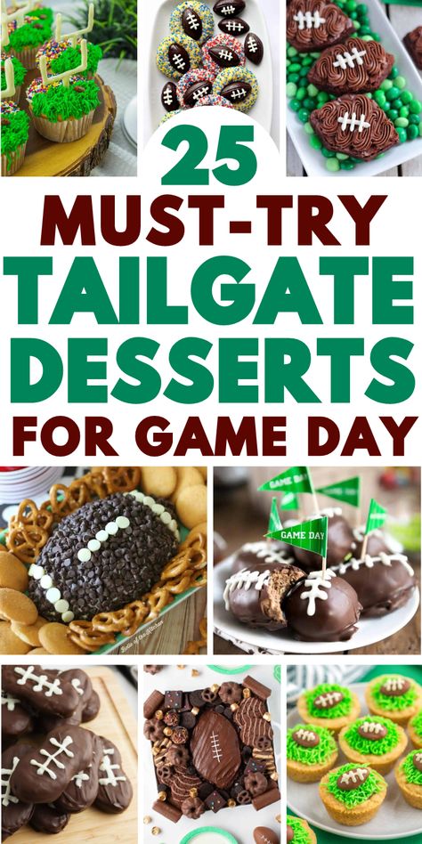 Easy tailgate desserts for football parties and Sunday game day. Football Dirt Cups, Football Food Ideas Desserts, Football Dessert Charcuterie Board, Football Game Desserts, Easy Football Desserts, Football Dessert Ideas, Football Desserts Easy, Desserts Superbowl, Tailgating Desserts