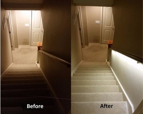 Basement Stair Lighting, I Bought A House, Basement Steps, Stairs Lighting, Stairwell Lighting, Stairway Lighting, Basement Lighting, Stair Lights, Bought A House