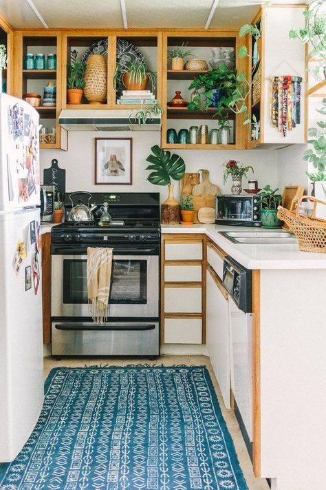 Create your ideal bohemian style kitchen with these 6 tips & tricks. #hunkerhome #homedecor #bohokitchen #bohemianstyle #kitchenideas Apartment Therapy, A Kitchen, The Kitchen, Apartment, Rug, Blue, White