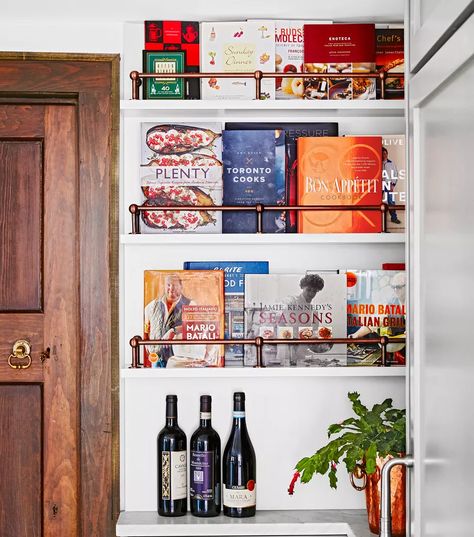 brass rail cookbook shelves | photo Stacey Branford Cookbook Storage Kitchen, Cookbook Shelf In Kitchen, Cookbook Display, Cookbook Storage, Kitchen Bookshelf, Cookbook Shelf, Wood Feature Wall, Picture Shelves, Kitchen Cookbook