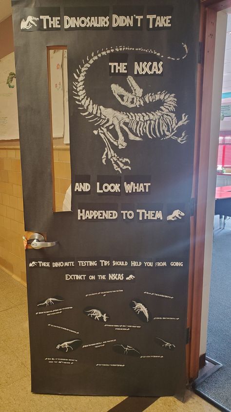 My school had a door decoration competition. My class picked Jurassic Park Theme. To make the dinosaur I used my projector and chalk. Jurassic Park Door Decoration, Jurassic Park Classroom Theme, Dinosaur Classroom Theme Decor, Teachers Inspiration, Jurassic Park Theme, Dinosaur Classroom, Jurrasic Park, Door Decs, Teacher Inspiration