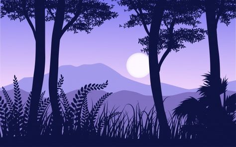 Anime Simple Background, Purple Aesthetic Background Landscape, Forest Drawing Easy, Silhouette Scenery, Monochromatic Illustration, Monochrome Landscape, Silhouette Landscape, Nature Cartoon, Silhouette Background