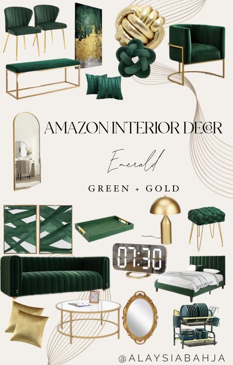 Gold Apartment Decor, Emerald Green Interior, Emerald Green Rooms, Green Office Decor, Emerald Green Living Room, Emerald Green Bedrooms, Green Home Offices, Black And Gold Living Room, Black Gold Bedroom