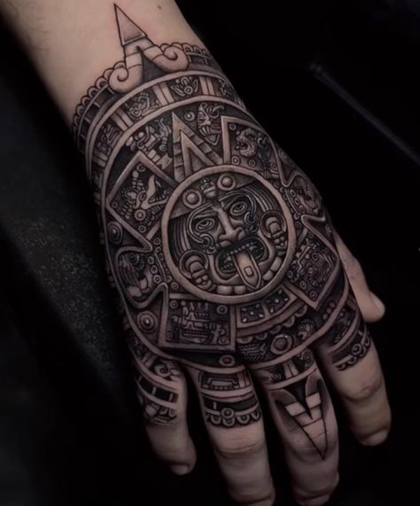 Aztec Calendar hand tattoo Aztec Filler Tattoo, Aztec Hand Tattoos For Guys, Aztec God Tattoo For Men, Aztec Tattoo Mexican Men, Aztec Calendar Tattoo Design, Aztec Temple Tattoo, Aztec Hand Tattoo, Aztec Tattoo Sleeve, Aztec Tattoo Mexican For Women