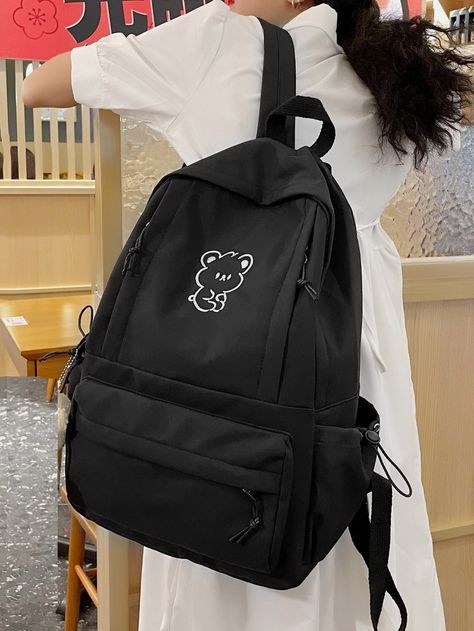 Black  Collar  Polyamide   Embellished   Women Bags Cute Black School Bags, Cute School Bags Highschool, Cute Black Backpack, Big School Bags, School Bag Black, Bags College, Bags For School, Black School Bags, Cute School Bags