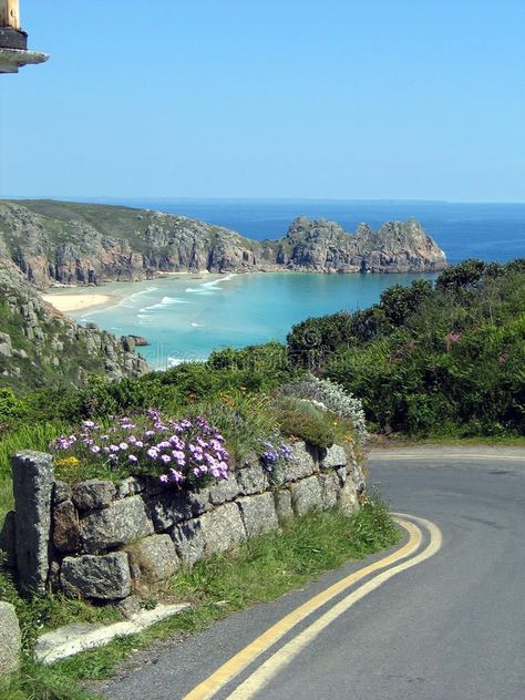 Coast road, Cornwall. Photo about cliffs, coast, summer, view, cornwall, waves, flowers, road, countryside, lane, surf, beach, cove, england - 12417698 Ireland Countryside, Cornwall Beaches, England Countryside, Devon And Cornwall, Image Nature, Cornwall England, England And Scotland, Kew Gardens, English Countryside