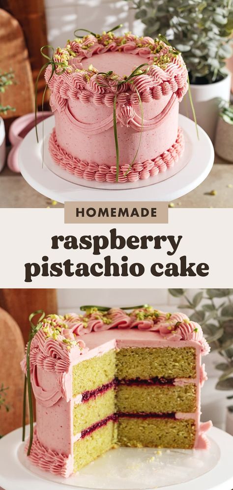 This raspberry pistachio cake is made with soft pistachio cake layers sandwiching homemade raspberry jam and all covered with raspberry buttercream. It's a delicious flavour combination with all natural colouring! #raspberrycake #pistachiocake #layercake | teakandthyme.com Pistachio Flavor Combinations, Raspberry Rose Cake, Fancy Recipes Dessert, Cake Combination Flavors, Birthday Cake Ideas Recipes, Cake Recipes Fancy, Homemade Cakes Decorating, Raspberry And Pistachio Cake, Raspberry Glaze For Cake