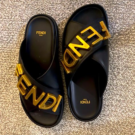 New Wot Fendi Slides In Original Box W/2 Dust Bags & Docs Fendi Slides, Fendi Heels, Fendi Sandals, Straw Sandals, Fendi Vintage, Two Strap Sandals, Strappy Platform Sandals, Fendi Logo, Designer Accessories Fashion