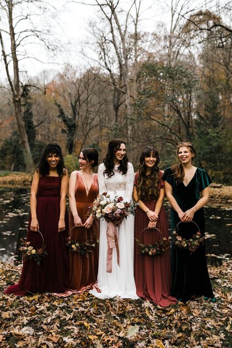 Bridesmaid Dresses Mismatched, Cottagecore Wedding, Bridal Jackets, Glamping Weddings, Mismatched Bridesmaid, Retro Bridal, Fall Bridesmaids, Bridal Fur, Fall Bridesmaid Dresses