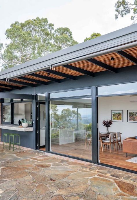 Open Living Room Design, Terrace Floor, Adelaide Hills, Open Living Room, Shed Homes, Stone Cottage, Australian Homes, Mid Century Modern House, Indoor Outdoor Living