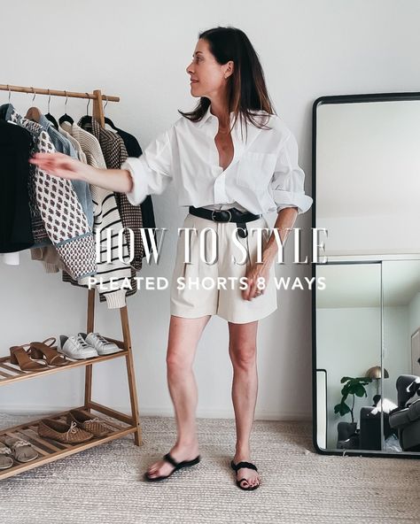 How to Style Pleated Shorts Multiple Ways for Summer — Art In The Find White Pleated Shorts Outfit, Black Pleated Shorts Outfit, Trousers Shorts Outfit, Tailored Shorts Outfit Women, Khaki Shorts Outfit Women, Trouser Shorts Outfit, Pleated Shorts Outfit, Shorts Outfits Women Summer, Tailored Shorts Outfit