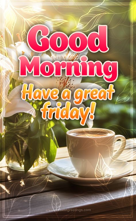 Good Morning Have a Great Friday image #GoodMorning #HaveaGreatFriday #Friday Picture With Coffee, Friday Morning Images, Friday Morning Greetings, Happy Friday Morning, Friday Morning Quotes, Friday Wishes, Friday Images, Have A Great Friday, Good Morning Happy Friday