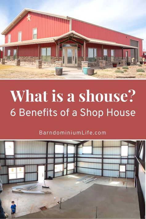 When looking at barndominium designs and barndominium ideas, you may come across the word “shouse.” Many of the first barndominiums were shouses. They were workshops and barns with residences added to the structure. People now call these designs shouses or shomes. Keep reading to explore the main features and the 6 main benefits of a shouse. Plus get some great shop house ideas for your home! Barndominium Room Ideas, Building A Shop House, House Over Shop Plans, Live In Shop While Building House, Shop Plus House Design, Shop Homes Houses Metal Buildings, Shop Turned Into House, Barndominium And Shop, Industrial Barndominium Ideas