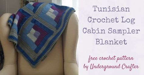 Free crochet pattern: Tunisian Crochet Log Cabin Sampler Blanket in HiKoo SimpliWorsted in 5 sizes from baby blanket through queen by Underground Crafter | The Tunisian Crochet Log Cabin Sampler Blanket guides you through all the basic Tunisian crochet stitches while you make a cozy blanket in the classic log cabin pattern. I've included links to video tutorials to guide you through all the special stitches, so though the pattern is listed as intermediate, a focused beginner can definitely make Crochet Log Cabin, Log Cabin Pattern, Blanket Free Crochet Pattern, Tunisian Crochet Hook, Crocheting Projects, Tunisian Crochet Patterns, Crochet Hack, Tunisian Crochet Stitches, Crochet For Beginners Blanket