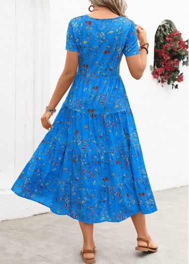 Sky Blue Ruched Ditsy Floral Print Short Sleeve Dress | modlily.com - USD 35.98 Cotton Knit Dress, Blue Short Sleeve Dress, 60 Outfits, Cheap Plus Size Clothing, Ditsy Floral Dress, Round Neck Dress, Queen Fashion, Dress Occasion, Ditsy Floral Print