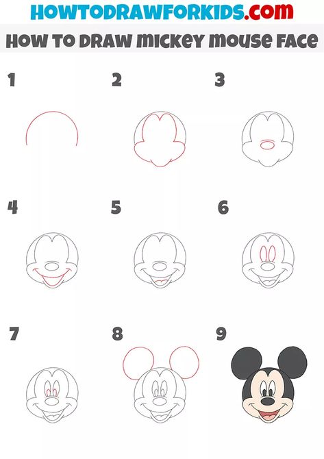 How to Draw Mickey Mouse Face - Easy Drawing Tutorial For Kids Cartoon Drawings Easy Disney, Easy To Draw Mickey Mouse, Easy Cartoon Drawings Mickey Mouse, Drawing Ideas Mickey Mouse, Mickey Easy Drawing, Mickey Mouse Nail Art Tutorial, Mickey Mouse Cartoon Drawing, Mickey Mouse How To Draw, Easy How To Draw Disney Characters