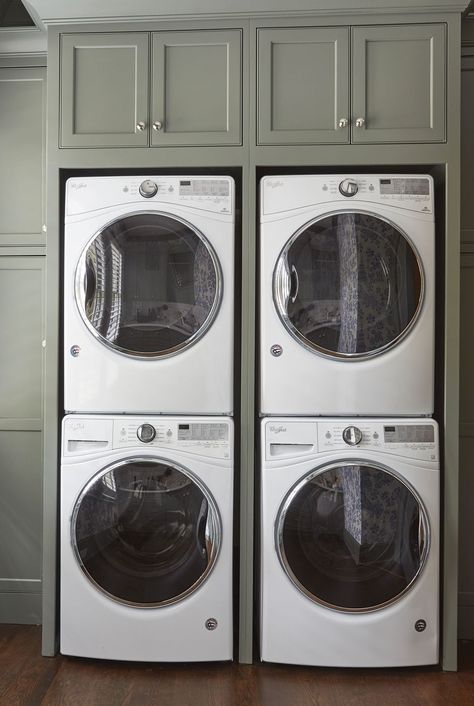 set of two washer and dryer, stacked with green cabinets Lg Stackable Washer And Dryer Green, Washer And Dryer Stacked, Chic Laundry Room Ideas, Chic Laundry Room, Washer Dryer Laundry Room, Stackable Laundry, Garage Laundry Rooms, Stacked Laundry Room, Puppy Nursery