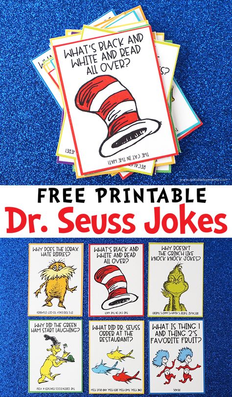 Free Printable Dr. Seuss Jokes #drseuss #jokes #kidsactivities #freeprintable #drseussday #freebies #printable #punny #lunchboxjokes #dadjokes #kidsjokes Dr Seuss Week Homeschool, Dr Suess Thing 1 Thing 2 Printables, Dr Seuss Preschool Craft, Dr Suess Literacy Activities Preschool, Dr Seuss Family Literacy Night, Dr Suess Week Ideas, Dr Seuss 3rd Grade Activities, Preschool Dr Seuss Week, Dr Seuss Literacy Night