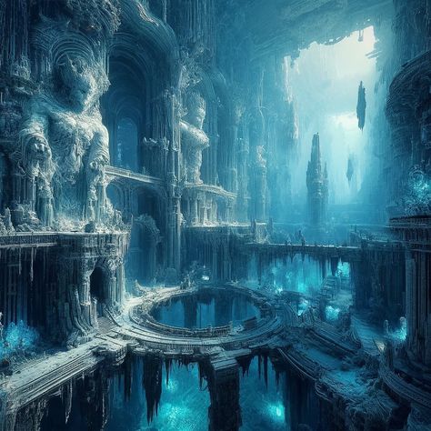 Fantasy Ocean Kingdom, Underwater Castle Fantasy Art, Deep Ocean Aesthetic, Castle Underwater, Abandoned Underwater, Ocean Castle, Underwater Palace, Underwater Castle, Fantasy Underwater