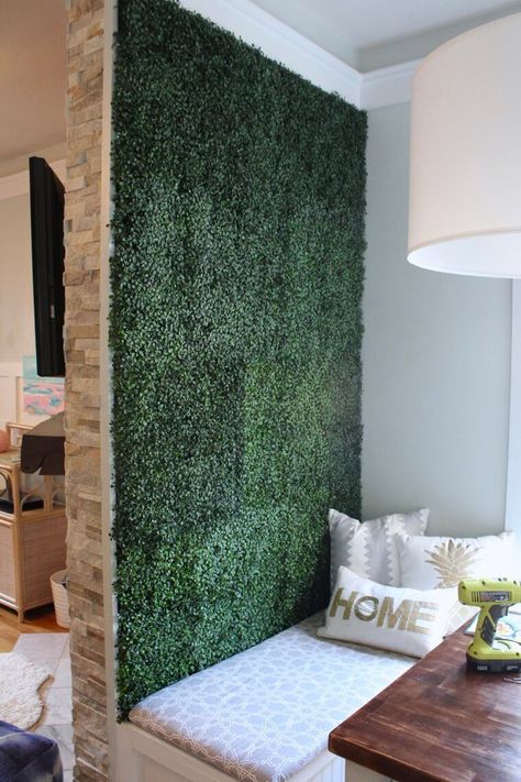 Boxwood Hedge Wall Inside Your Home Boxwood Wall Interior Bedroom, Grass Wall In Apartment, Grass Walls Interior, Grass Wall Office, Boxwood Wall Interior, Accent Wall Closet, Fake Grass Wall Decor, Boxwood Accent Wall, Faux Grass Wall