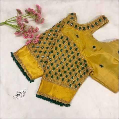 Bead Work Blouse, Yellow Blouse Designs, Simple Aari Work Blouse Design, Simple Aari Work Blouse, Simple Aari Work, Aari Work Blouse Design, Green Blouse Designs, Blouse Simple, Latest Bridal Blouse Designs