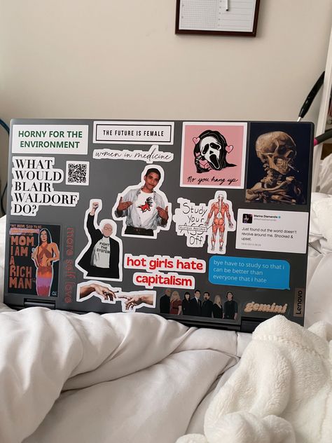 Laptop With Stickers Aesthetic, Macbook With Stickers, Laptop Stickers Collage, Laptop Keyboard Stickers, Macbook Case Stickers, Mac Stickers, Laptop Decoration, Laptop Case Stickers, Laptop Design