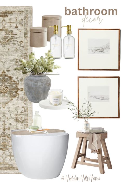 Trendy bathroom decor ideas to elevate your bathroom Studio Mcgee Bathroom Decor, Bathroom Decor Transitional, Guest Bathroom Styling Ideas, Spa Neutral Bathroom, Guest Bathroom Ideas Rental, Boho Wall Decor Bathroom, Staging Bathroom Counter, Simple Neutral Bathroom Decor, Organic Modern Bathroom Decor Ideas