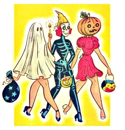 vintage Halloween, three women in Halloween costumes, ghost, skeleton, pumpkin head Three Women Costume Ideas, Pumpkin Head Tattoo, Pumpkin Head Drawing, Pumpkin Head Skeleton, Ghost Skeleton, Tattoo Amor, Vintage Halloween Art, Arte Pin Up, Image Halloween