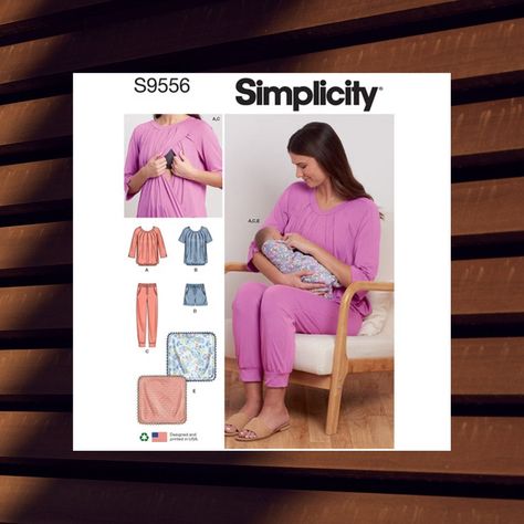 BRAND NEW  UNCUT  FACTORY FOLDED SIMPLICITY S9556   Womens nursing top, pants, shorts and baby blanket sewing pattern - ALL SIZES INCLUDED. Pattern, instructions and envelope are in excellent condition SIZE:  XS, S, M, L, XL (6-24) Bust 30 1/2"-46", waist 23"-39", hip 32"-48" DESCRIPTION:   Pull-over tops have round neckband, three-quarter or short sleeves, softly pleated bodice, 1" elastic at hem and hidden nursing panel.  Pull-on ankle length jogger and shorts have elastic and drawstring waistband. FABRIC:   Bamboo Knits, Interlock, Jersey   ** Sized for stretch knits only HOW TO CHOOSE WHICH PATTERN SIZE TO PURCHASE: Pattern sizes are typically not the same as Retail sizes so your pattern size may not be the same as your dress size. Patterns have consistent, standardized sizing from pat Nursing Top, Nursing Tops, Pattern Brands, Pleated Bodice, Simplicity Sewing, Simplicity Sewing Patterns, Simplicity Patterns, Blanket Sizes, Stylish Tops