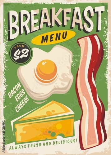 Stock Image: Breakfast menu promo ad design with egg, bacon and cheese. Retro poster for fast food restaurant. Vector food flyer. Retro Poster Illustration, Food Posters Aesthetic, Retro Ads Poster, Adobe Illustrator Poster Design, Poster Food Design Ideas, Retro Food Illustration, Vintage Food Illustration, Food Poster Illustration, Breakfast Poster Design