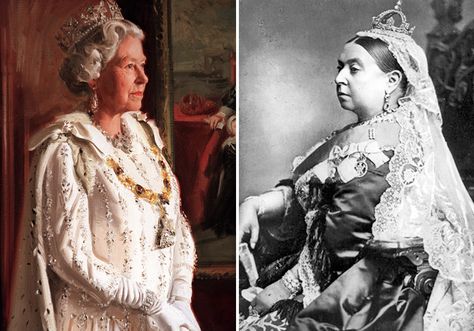 Left: A New Portrait Painting Of The Queen By Artist Andrew Festing For The Royal Hospital In Chelsea Is Unveiled At The Mall Galleries In London. (Photo by Tim Graham/Getty Images); and Right: portrait photograph of Queen Victoria dressed for the wedding of The Duke and Duchess of Albany, 1887 Queen Victoria Wedding Dress, Queen Victoria Dress, Queen Victoria Wedding, Queen Elizabeth Wedding, Queen Victoria Family, Victoria Wedding, Viking Woman, Historical Women, September 9