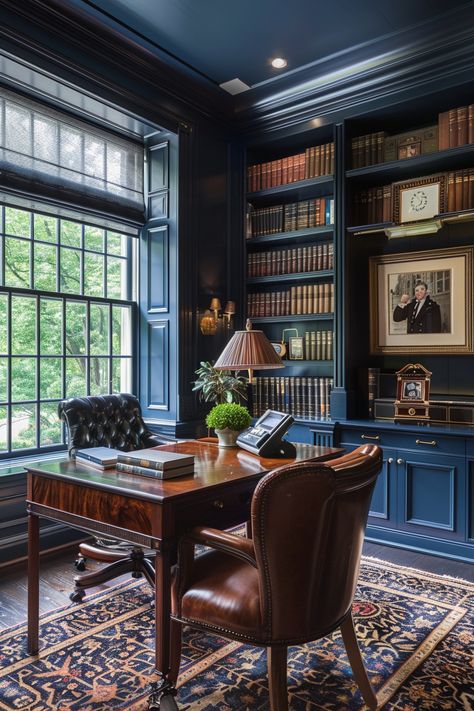 Stylish Home Office Ideas Study And Office Room Ideas, Mans Study Room, Colonial Office Design, Navy Library Room, Home Office Lawyer, Dark Blue Home Office Ideas, Small Dark Home Office, New England Office, Classic Home Office For Men