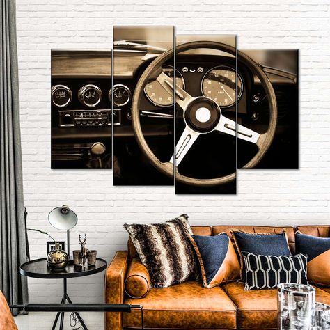 Vintage Car Dashboard Multi Panel Canvas Wall Art will create that wow effect in your room. Have your dream vehicle placed on your favorite walls and let others know your class of choosing vehicles. Car Dealership Office Decor, Car Theme Office, Car Themed Nursery, Room Decor Men, Car Themed Rooms, Car Room Decor, Sepia Wall Art, Car Part Art, Airbnb Ideas