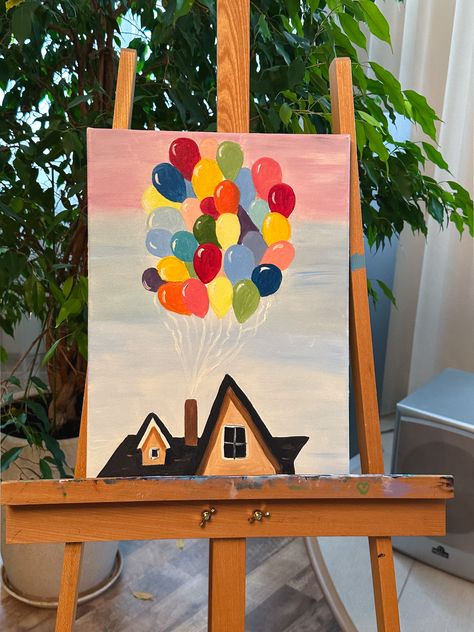 The House From Up, Up House Painting, Movie Balloons, Bf Scrapbook, Up Movie House, Up Movie, Scrapbook Idea, Inspiration Painting, Simple Canvas Paintings