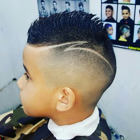 Lightening Bolt Hair Design Boys, Boys Spiked Haircut, Boy Hair Designs, Boys Haircut With Design On Side, Boys Hair Designs Lines, Kids Fade Haircut Boy Hair, Modern Mohawk Boys, Faded Mohawk Boys, Modern Boy Haircuts