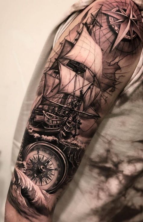 39+ Amazing and Best Arm Tattoo Design Ideas For 2019 Lion Sleeve Tattoo, Ship Tattoo Sleeves, Pirate Ship Tattoos, Arm Tattoo Design, Nautical Tattoo Sleeve, 12 Tattoos, Pirate Tattoo, Tato Lengan, Compass Tattoo Design