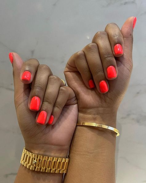 Pop Color Nails, Bright Colour Acrylic Nails, Bright Summer Biab Nails, Short Bright Nails Summer, Bold Colour Nails, Bright Biab Nails, Guava Nail Color, Short Coloured Nails, Solid Color Nail Ideas Summer