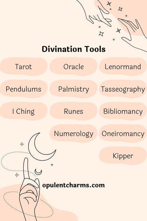 Graphic showcasing a list of divination tools with illustrations of hands, stars, and moons. Types Of Divination Witchcraft, Starting Witchcraft, Psychic Outfit, Hellenic Witchcraft, Charm Divination, Divination Tools Witches, Divination Techniques, Witchcraft Divination, Divination Spells