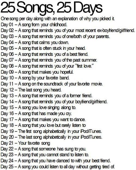 25 Songs 25 Days Challenge. I'll do this starting tomorrow! :D Journal Prompts, Smash Book, Song Notes, Song Challenge, Blog Challenge, Writing Challenge, Mood Songs, Bullet Journaling, Journal Writing
