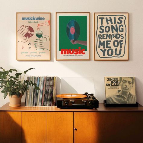 three prints that just belong with music fans 🎸🎧😎 #artprints #wallartprints #homedecor #retrodesign #gallerywallideas Living Gallery Wall, Vintage Poster Decor Ideas, Art Prints For Apartment, Disco Gallery Wall, Gen Z Apartment Aesthetic, Interior Flat Design, Apartment Vibes Aesthetic, Mcm Colorful Living Room, Gallery Wall Over Dresser