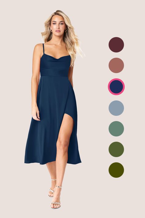 Enjoy the evening in our dreamy tea-length bridesmaid dress, Elma. Cut in our soft and silky stretch satin, this dress is very comfortable to wear. To complete the elegant silhouette, the spaghetti straps lead to a minimal backless design. Dusty Blue Bridesmaid Dresses Short, Blue Bridesmaid Dresses Short, Dark Navy Bridesmaid Dresses, Tea Length Bridesmaid Dresses, Navy Bridesmaids, Navy Blue Cocktail Dress, Stretch Satin Dress, Dusty Blue Bridesmaid Dresses, Navy Bridesmaid Dresses