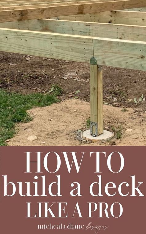 How to build a deck step-by-step guide. Sharing all our tips and tricks on how to build a deck like a pro on your own and save money! How to build a deck on a budget. What you need to know to build a raised deck. Deck design ideas. DIY Deck Ideas. Building A Deck Frame Wood, Deck Building Plans Design, 10 X 12 Deck Plans, Decks With Stairs All Around, Diy Raised Deck Ideas On A Budget, Back Deck Diy Ideas, How To Make A Deck, Diy Deck Building, Deck With Pallets How To Build