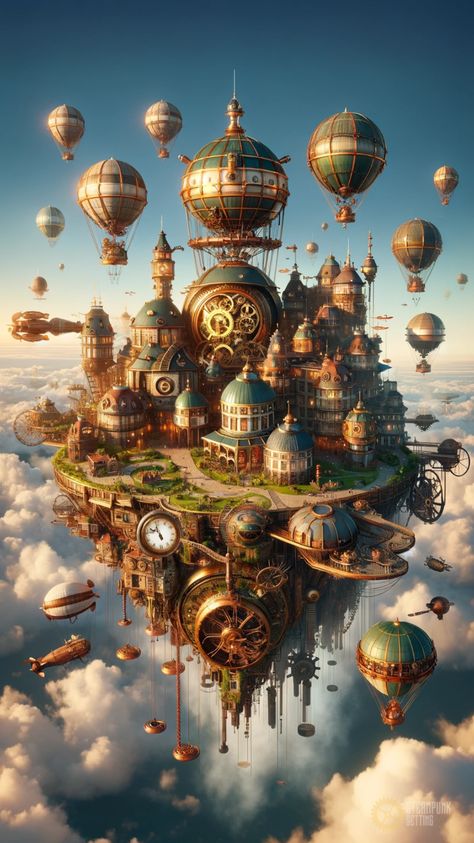 Immerse yourself in the wonder of a steampunk floating island. This fantastical creation combines rustic Victorian elements with advanced steampunk technology. Imagine an island drifting in the sky, adorned with intricate gears, steam-powered engines, and ornate metalwork, all set against a backdrop of billowing clouds. Perfect for those captivated by the blend of historical elegance and futuristic fantasy. Steampunk Floating Island, Sky Ship Fantasy Art, Steampunk Sky City, Steampunk Floating City, Futuristic Technology Wallpaper, Steampunk Island, Steampunk Landscape, Steampunk Environment, Steampunk Art Fantasy