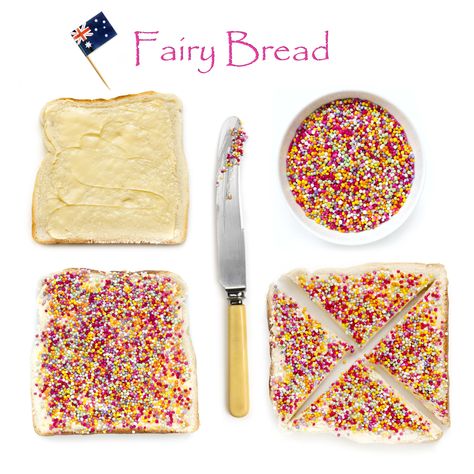 How to make fairy bread Essen, Fairy Toast Australia, Blue Fairy Bread, Australian Fairy Bread, Fairy Bread Ideas, Australia Food For Kids, Fairy Bread Australian, Fairy Sandwiches, Fairy Breakfast