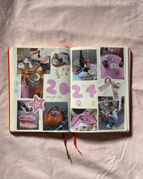 ins & outs for 2024 🪩 what are yours? | Instagram Bulletin Journal Ideas, Desain Editorial, Pretty Journals, Memory Journal, Summer Scrapbook, Scrapbook Book, Art Journal Therapy, Diary Ideas, Memory Scrapbook