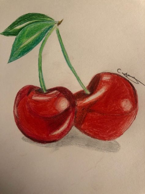 Realistic Cherry Painting, Color Pencil Drawing Strawberry, Draw With Colored Pencils Easy, Cherry Realistic Drawing, Drawing Ideas Easy Realistic, Cherry Fruit Drawing, Easy Realistic Drawings Color, Fruits Drawing Realistic, Realistic Easy Drawings